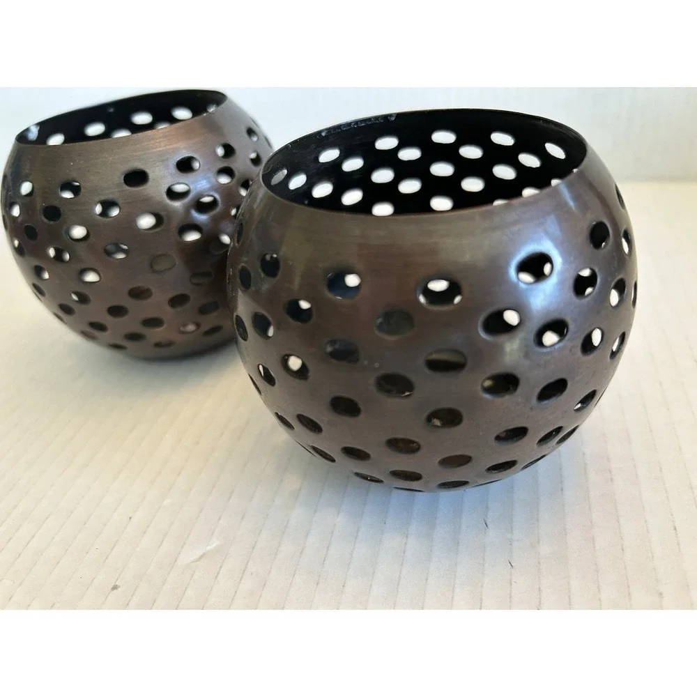 Brass Circular Bowel Shaped Votive Candle Holders X2 Spherical Multi Openings